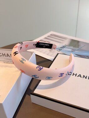 CHANEL Light Pink Padded Headband with Multicolor CC Motifs